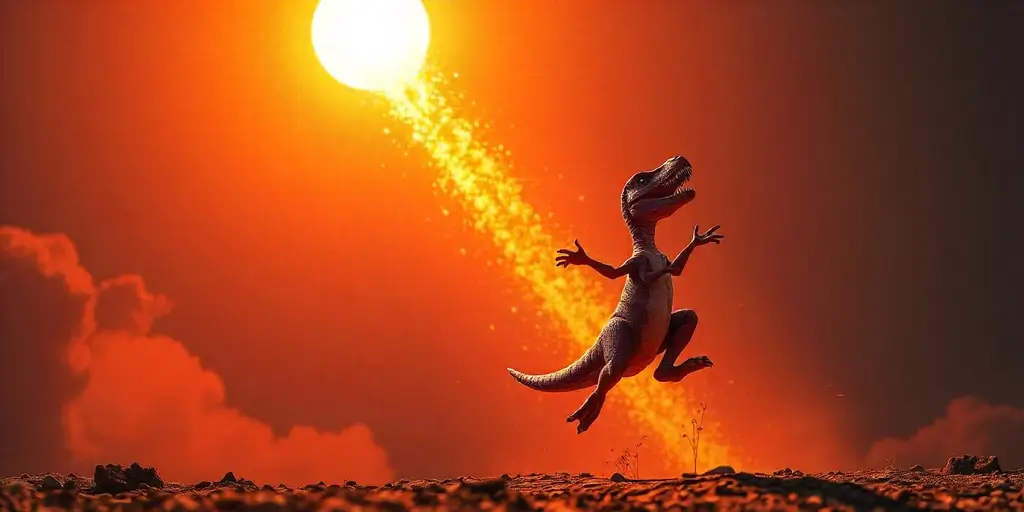 A bad AI generated image of a cute little dinosaur jumping in mid-air with a meteor hurtling towards the earth in the background.
